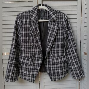 Mina Self Black White Plaid Blazer Small Double Breasted Cropped Jacket